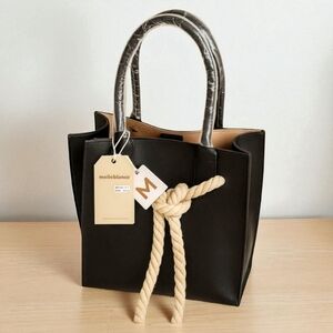 Melie Bianco NWT Monica Tote Bag Black with Beige Rope Tie Magnetic Closure